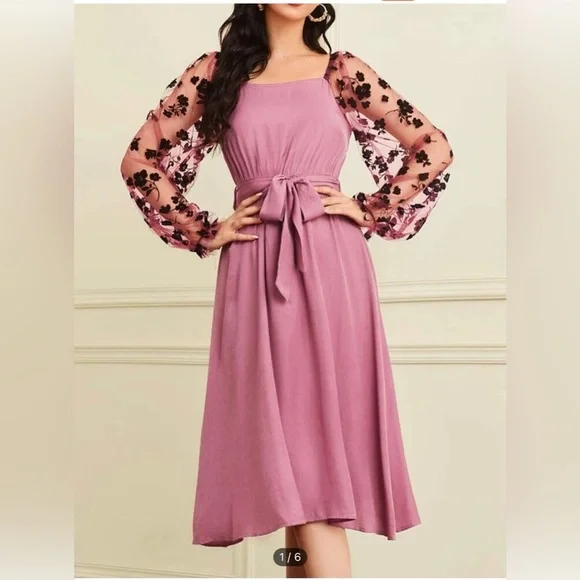 Brand New Floral Print Mesh Bishop Sleeve Belted Dress - Picture 1 of 6